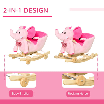 2-in-1 Plush Baby Ride-On Elephant Rocking Horse with Wheels and 32 Songs - Pink