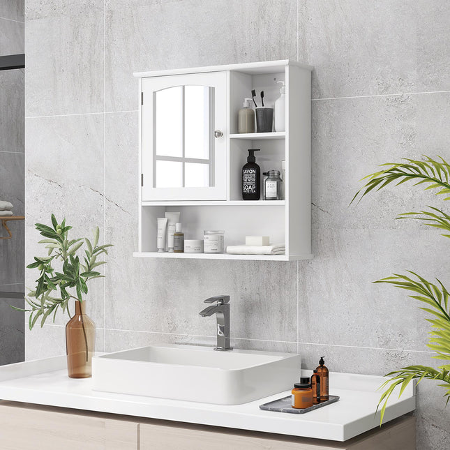 Wall Mount Bathroom Cabinet with Mirror and Adjustable Shelf - White