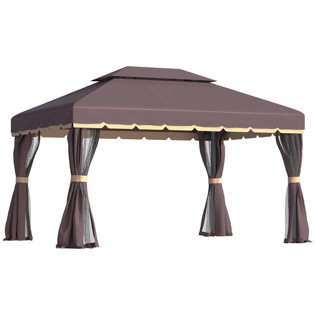 3x4m Aluminium Gazebo Canopy with Nets and Sidewalls - Coffee