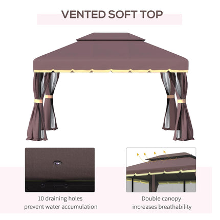 3x4m Aluminium Gazebo Canopy with Nets and Sidewalls - Coffee