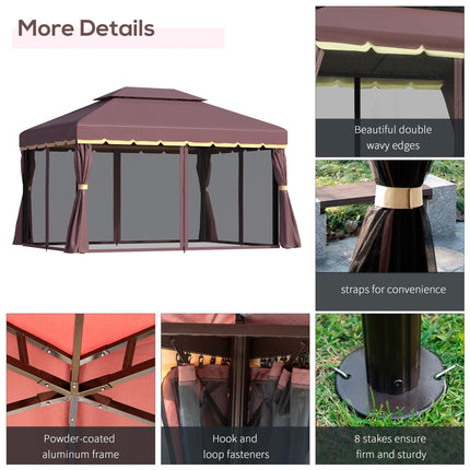 3x4m Aluminium Gazebo Canopy with Nets and Sidewalls - Coffee