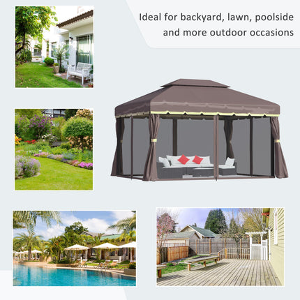 3x4m Aluminium Gazebo Canopy with Nets and Sidewalls - Coffee