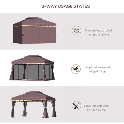 3x4m Aluminium Gazebo Canopy with Nets and Sidewalls - Coffee