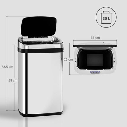 30L Stainless Steel Motion Sensor Bin with Lid - Silver Tone