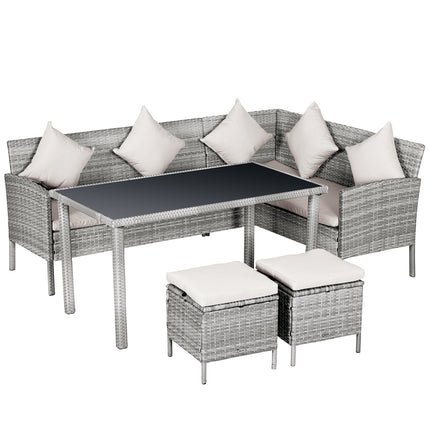 6-Seater Garden Outdoor Patio Rattan Corner Dining Set with Sofa, Footstool & Table - Mixed Grey