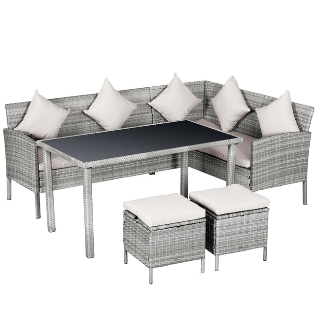 6-Seater Garden Outdoor Patio Rattan Corner Dining Set with Sofa, Footstool & Table - Mixed Grey