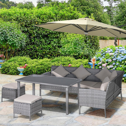 6-Seater Garden Outdoor Patio Rattan Corner Dining Set with Sofa, Footstool & Table - Mixed Grey