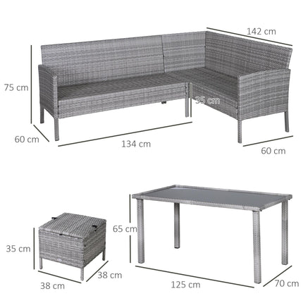 6-Seater Garden Outdoor Patio Rattan Corner Dining Set with Sofa, Footstool & Table - Mixed Grey