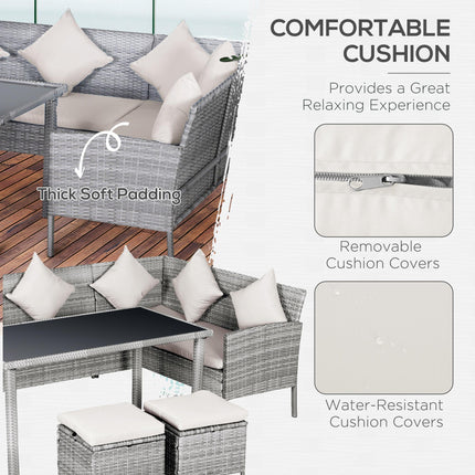 6-Seater Garden Outdoor Patio Rattan Corner Dining Set with Sofa, Footstool & Table - Mixed Grey