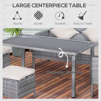 6-Seater Garden Outdoor Patio Rattan Corner Dining Set with Sofa, Footstool & Table - Mixed Grey