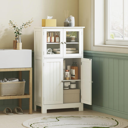 Bathroom Floor Storage Cabinet with Adjustable Shelf and Glass Doors - White