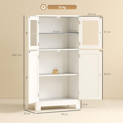 Bathroom Floor Storage Cabinet with Adjustable Shelf and Glass Doors - White