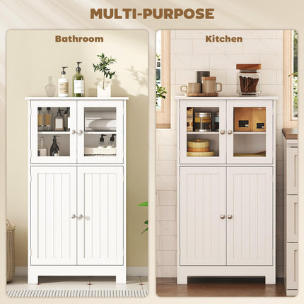 Bathroom Floor Storage Cabinet with Adjustable Shelf and Glass Doors - White