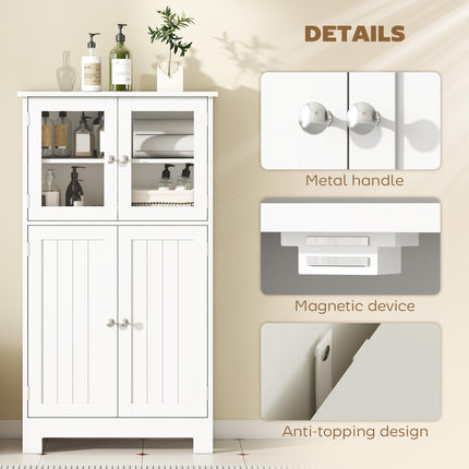 Bathroom Floor Storage Cabinet with Adjustable Shelf and Glass Doors - White