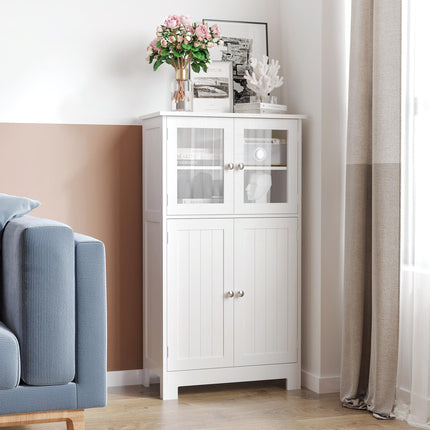 Bathroom Floor Storage Cabinet with Adjustable Shelf and Glass Doors - White