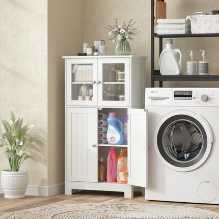 Bathroom Floor Storage Cabinet with Adjustable Shelf and Glass Doors - White