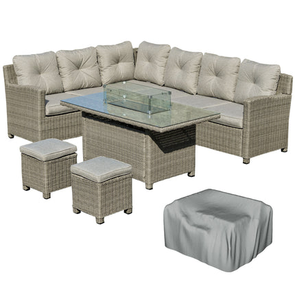 8-Seater Outdoor PE Rattan L-Shape Sofa Set with Fire Pit Table, Footstools, Olefin Cushions & Cover - Grey