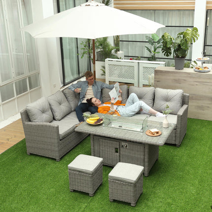 8-Seater Outdoor PE Rattan L-Shape Sofa Set with Fire Pit Table, Footstools, Olefin Cushions & Cover - Grey