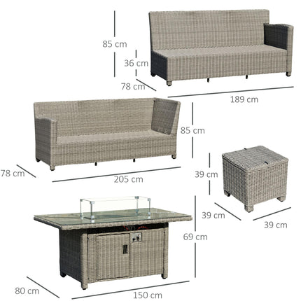 8-Seater Outdoor PE Rattan L-Shape Sofa Set with Fire Pit Table, Footstools, Olefin Cushions & Cover - Grey