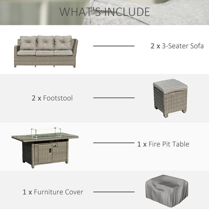 8-Seater Outdoor PE Rattan L-Shape Sofa Set with Fire Pit Table, Footstools, Olefin Cushions & Cover - Grey