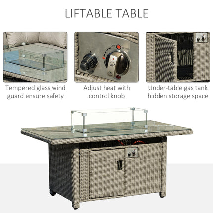 8-Seater Outdoor PE Rattan L-Shape Sofa Set with Fire Pit Table, Footstools, Olefin Cushions & Cover - Grey