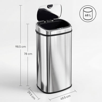 68L Automatic Sensor Lid Steel Kitchen Bin - Silver