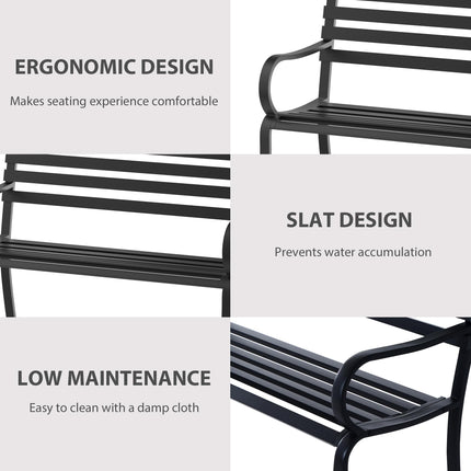 2 Seater Metal Garden Bench With Durable Steel Frame - Black