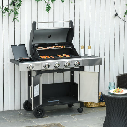 5 Burner Gas Barbecue Grill with Side Burner and Storage - Black