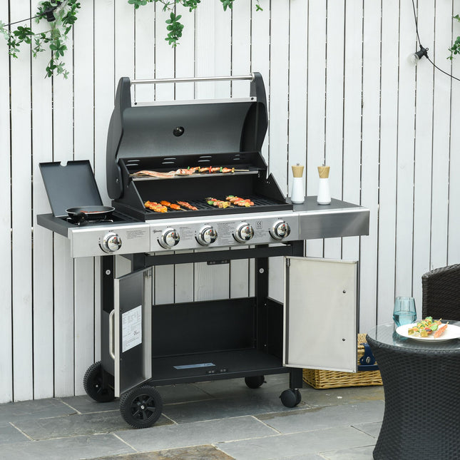 5 Burner Gas Barbecue Grill with Side Burner and Storage - Black