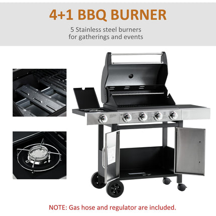 5 Burner Gas Barbecue Grill with Side Burner and Storage - Black