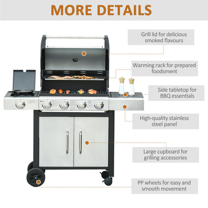 5 Burner Gas Barbecue Grill with Side Burner and Storage - Black