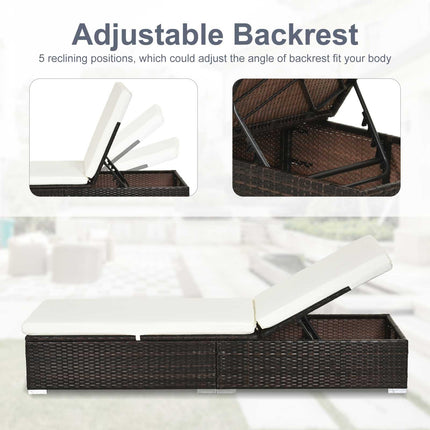 PE Rattan Sun Lounger, Five-level Adjustable Recliner Bed Chair with Soft Padded