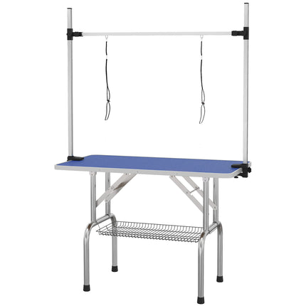 Adjustable Dog Grooming Table with Rubber Top, 2 Safety Slings & Mesh Storage Basket 107x60x170cm - Blue