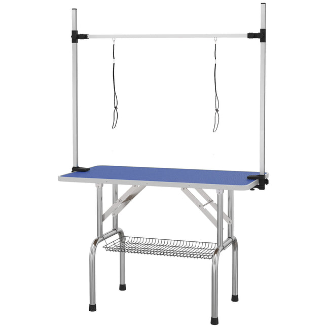 Adjustable Dog Grooming Table with Rubber Top, 2 Safety Slings & Mesh Storage Basket 107x60x170cm - Blue