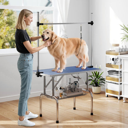 Adjustable Dog Grooming Table with Rubber Top, 2 Safety Slings & Mesh Storage Basket 107x60x170cm - Blue