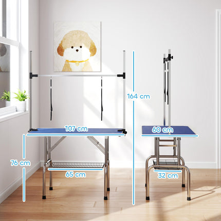 Adjustable Dog Grooming Table with Rubber Top, 2 Safety Slings & Mesh Storage Basket 107x60x170cm - Blue