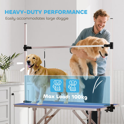 Adjustable Dog Grooming Table with Rubber Top, 2 Safety Slings & Mesh Storage Basket 107x60x170cm - Blue