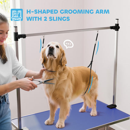 Adjustable Dog Grooming Table with Rubber Top, 2 Safety Slings & Mesh Storage Basket 107x60x170cm - Blue
