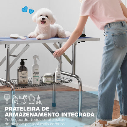 Adjustable Dog Grooming Table with Rubber Top, 2 Safety Slings & Mesh Storage Basket 107x60x170cm - Blue