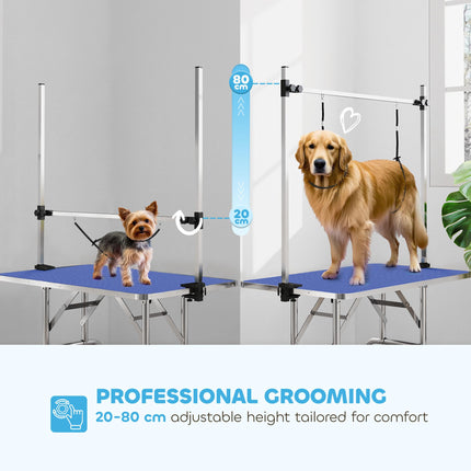 Adjustable Dog Grooming Table with Rubber Top, 2 Safety Slings & Mesh Storage Basket 107x60x170cm - Blue