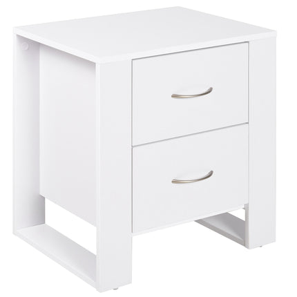 2 Drawer Modern Boxy Bedside Table with Handles and Elevated Base - White