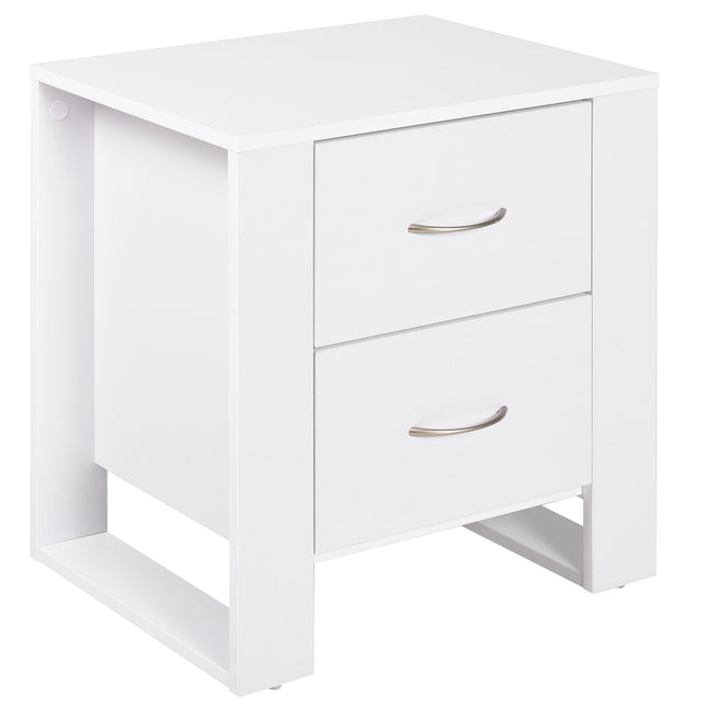 2 Drawer Modern Boxy Bedside Table with Handles and Elevated Base - White