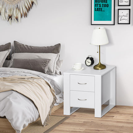2 Drawer Modern Boxy Bedside Table with Handles and Elevated Base - White