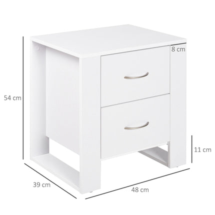 2 Drawer Modern Boxy Bedside Table with Handles and Elevated Base - White