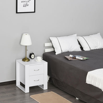 2 Drawer Modern Boxy Bedside Table with Handles and Elevated Base - White