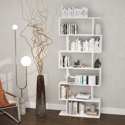 Wooden S Shape 6-Shelf Storage Display Room Divider Bookcase Cabinet - White