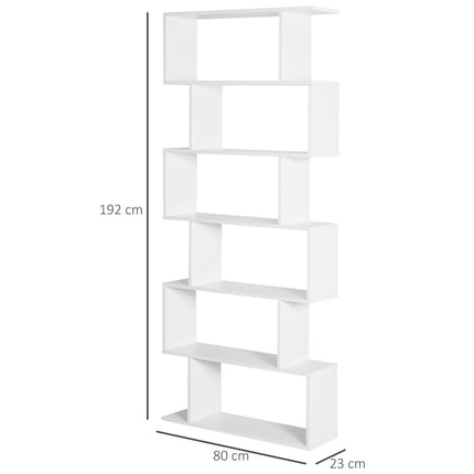 Wooden S Shape 6-Shelf Storage Display Room Divider Bookcase Cabinet - White