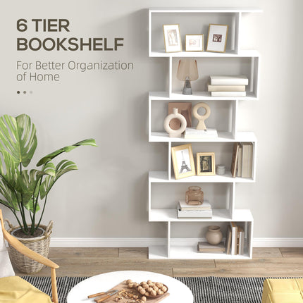 Wooden S Shape 6-Shelf Storage Display Room Divider Bookcase Cabinet - White