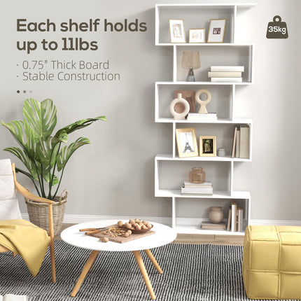 Wooden S Shape 6-Shelf Storage Display Room Divider Bookcase Cabinet - White