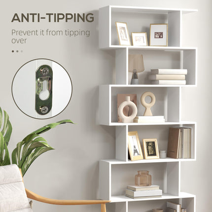 Wooden S Shape 6-Shelf Storage Display Room Divider Bookcase Cabinet - White
